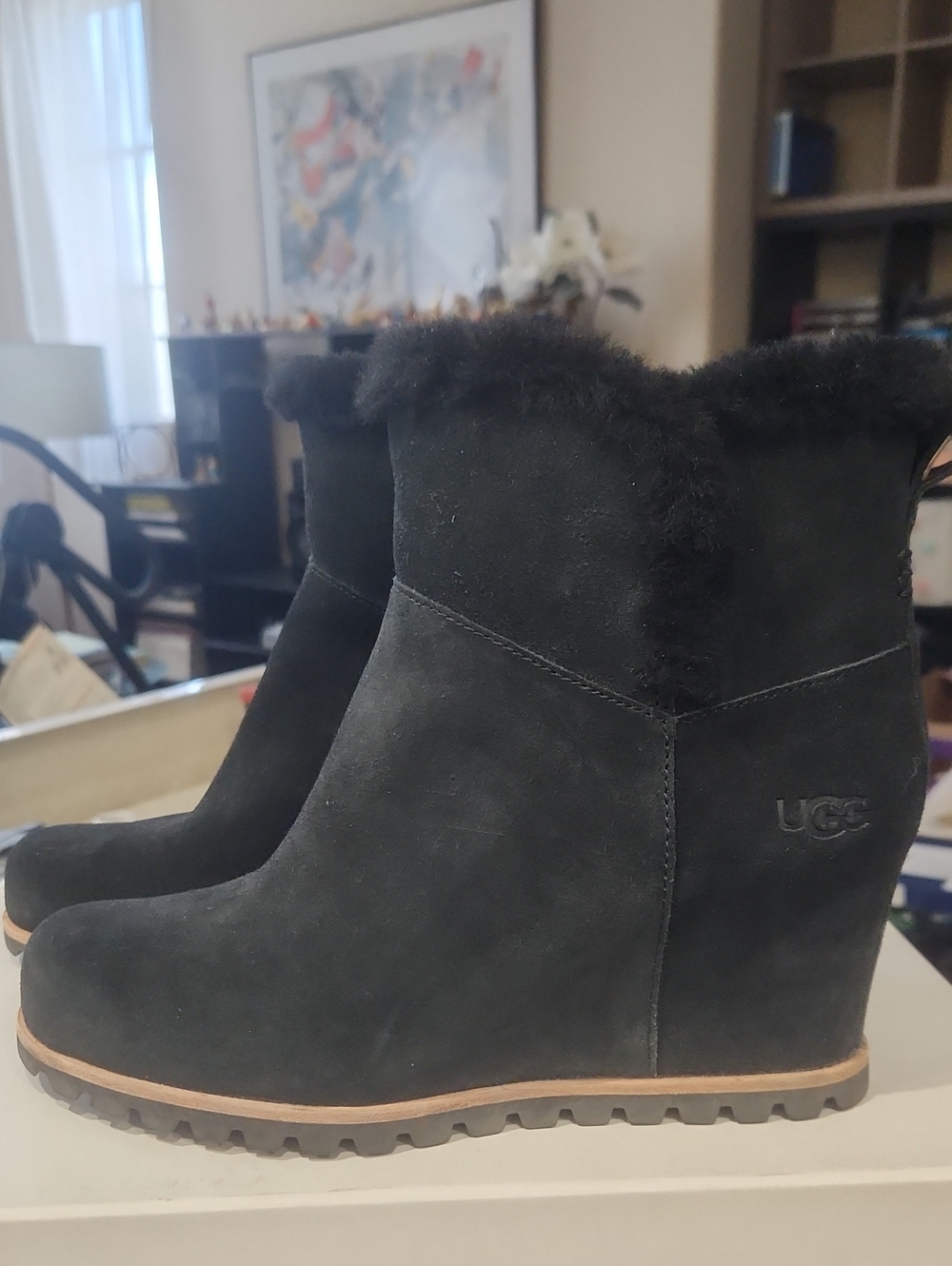 UGG Black Suede Wedge Ankle Boots with Shearling Cuff